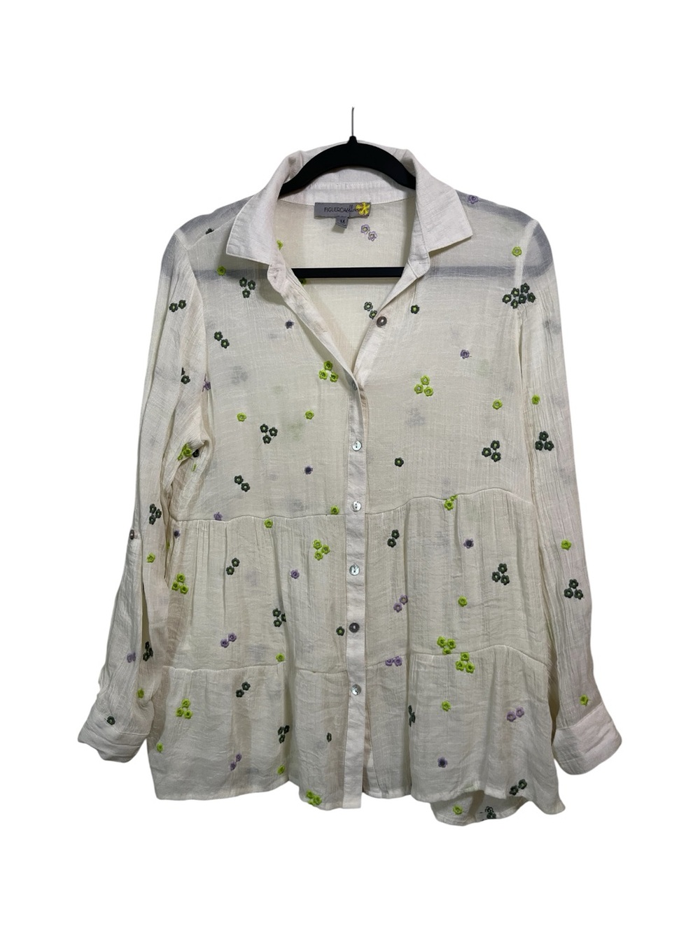 Figueroa & Flower Embroidered Boho Tiered Blouse Ivory Rayon M - Picture 2 of 9